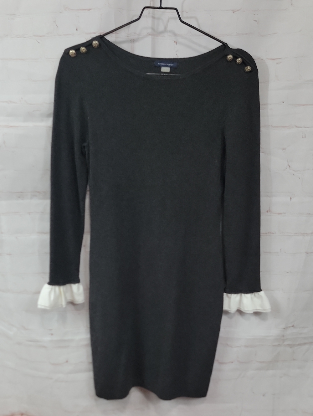 Tommy Hilfiger Black Long Sleeve Knit Dress with White Ruffle Cuffs